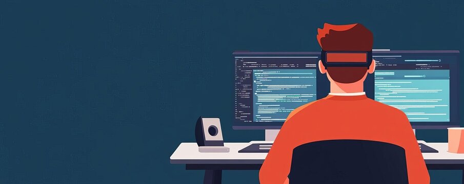 Developer enhancing frontend design, digital screens, futuristic coding setup