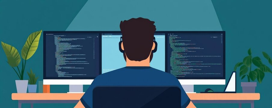 Developer enhancing frontend design, digital screens, futuristic coding setup