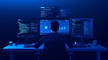 Naklejka premium Developer refining frontend UI, virtual displays, advanced environment, blue tones
