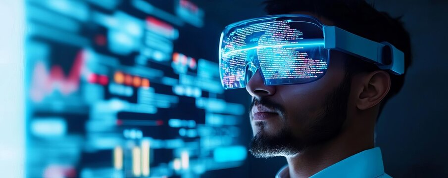 Digital frontend coding, programmer with holographic projections, advanced tech lab