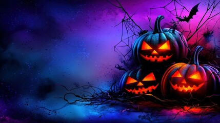   Three jack-o'-lantern pumpkins on a spooky branch in front of a purple and blue background