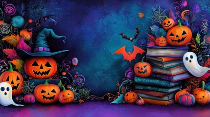   Halloween-themed painting featuring pumpkins and ghostly books