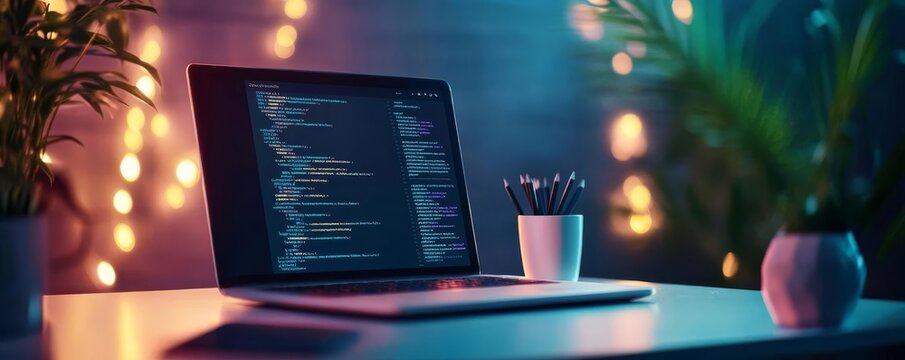 Digital frontend UI coding, augmented reality, modern tech office, glowing lights