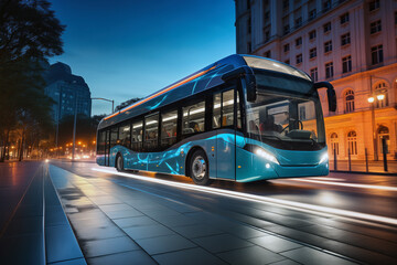 Fototapeta premium Electric Bus on City Street. Background with selective focus and copy space