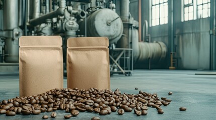 Blank kraft paper sheets are neatly stacked on an aged wooden table, illuminated by soft sunlight, with vibrant autumn leaves scattered around