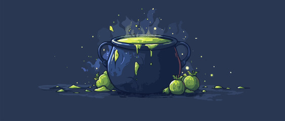 Cauldron with a green potion. Vector flat isolated.