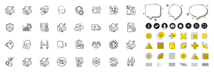 Set of Pantothenic acid, Ambulance emergency and Coronavirus pandemic line icons for web app. Design elements, Social media icons. Cobalamin vitamin, Face id, Fever icons. Vector © blankstock