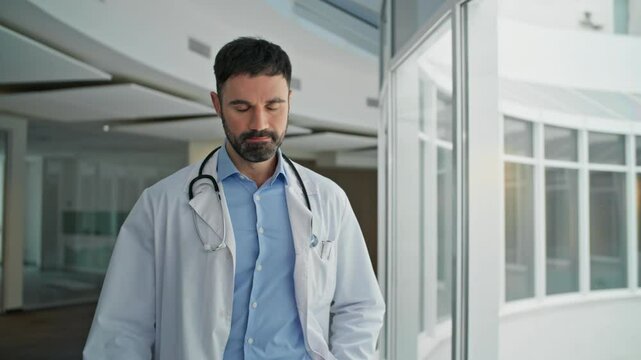 Serious therapist looking diagnosis clipboard. Closeup upset doctor walking