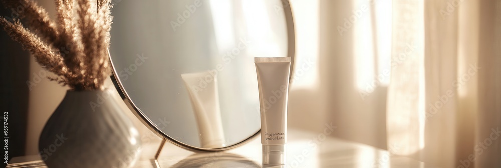 Poster a tube of cream is positioned beside a round mirror, capturing gentle morning light in a serene and 