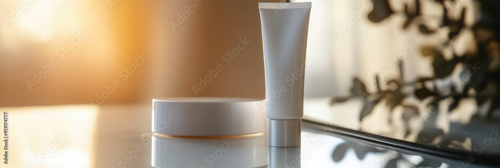 Poster a reflective tube of cream rests on a polished surface, bathed in soft natural light with plants sub