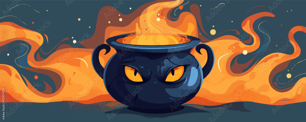 Wall mural cauldron with a spooky face. vector flat isolated.