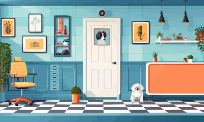 A flat vector of a dog grooming salon.