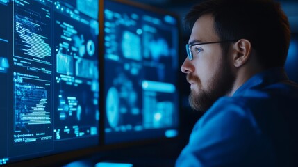 Holographic UI elements, programmer coding, futuristic office, blue accents