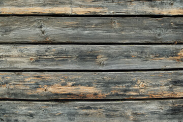 Fototapeta premium Rustic wooden backdrop with rough, aged oak planks arranged horizontally, featuring deep grain patterns and subtle cracks. The wood has a weathered, grayish-brown color with hints of green moss. Soft