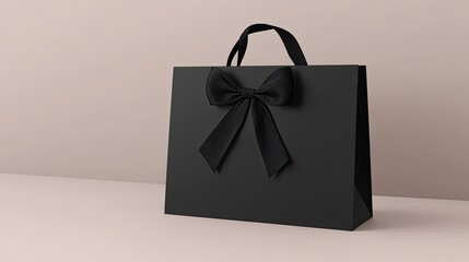 A sleek black matte texture gift bag mockup showcases a leather or fabric money pouch tied with a ribbon bow on a light gray backdrop