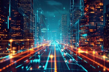 Fototapeta premium Cyberpunk Cityscape: A Futuristic Intersection of Neon and Data