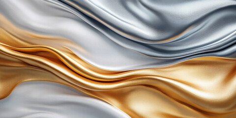 A modern abstract background showcasing 3D silk fabric waves in gradient hues of warm gold to cool silver. The fabricâ€™s texture adds a luxurious, contemporary touch.
