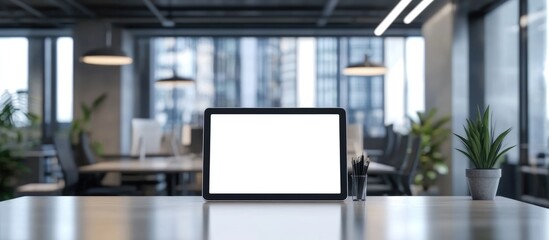 Isolated tablet screen mockup on a modern office workspace
