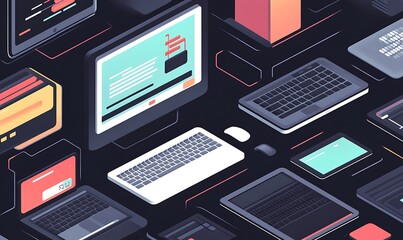 Isometric Illustration of Various Electronic Devices on a Black Background