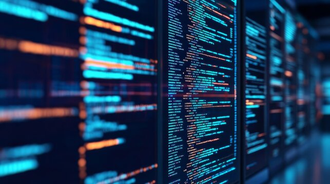 Virtual frontend coding, holographic displays, advanced tech workspace, blue hues