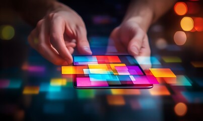 Fototapeta premium Hands Holding Smartphone with Colorful Abstract Geometric Shapes
