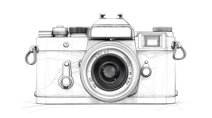 Minimalist line art of a vintage camera with detailed lens isolated on solid white background 32k, full ultra HD, high resolution