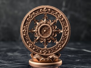 Intricate Bronze Dharmachakra Wheel Sculpture with Ornate Details on Dark Marble Base


