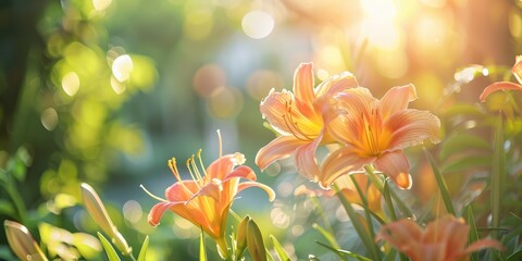 Fototapeta premium Close up of Hemerocallis flowers blooming in the sunlight with soft focus Hemerocallis fulva