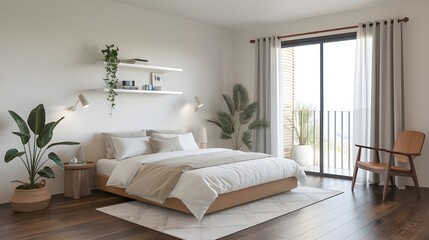 A coastal style interior design of a modern bedroom. The room has a white walls, wooden floor, and a few pieces of furniture.There's a queen-sized bed with a white mattress and a beige duvet.