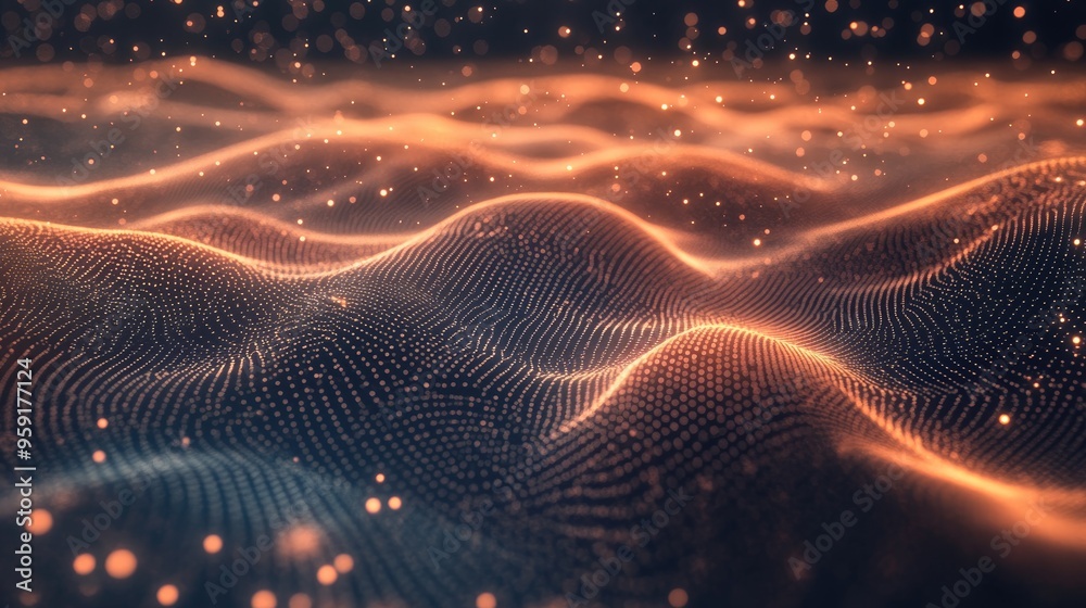 Poster abstract background featuring a wave of dots and woven lines illustrating a network connection struc