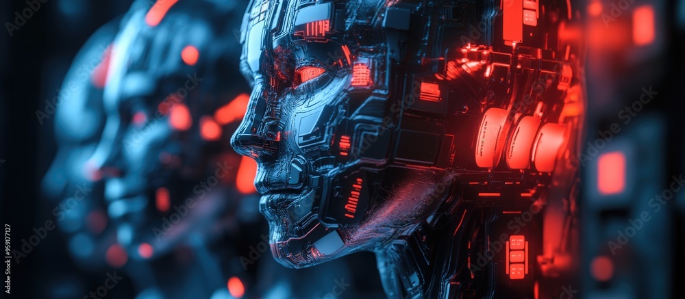 Poster cyborg heads utilize ai to form a digital interface for 3d rendering focusing on cybersecurity and o