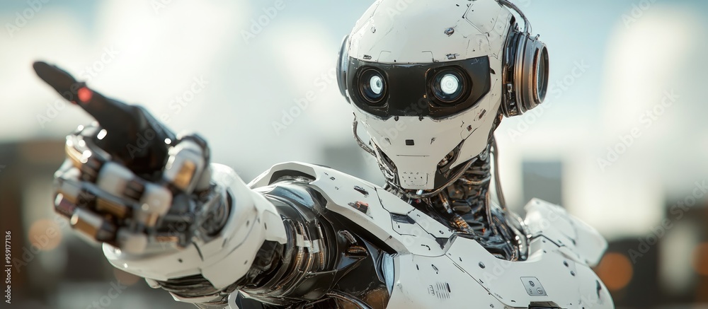 Poster 3d rendering of a robot with a headset gesturing with a pointed hand