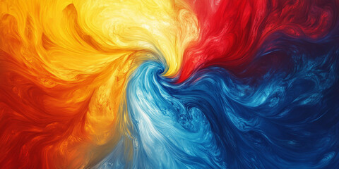 An energetic abstract background with vivid, swirling colors in red, yellow, and blue. The design has a lively, dynamic feel with bold color contrasts.