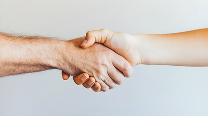 Fototapeta premium A close-up of hands shaking between a recruiter and a candidate, symbolizing a successful job placement, against a light solid color backdrop