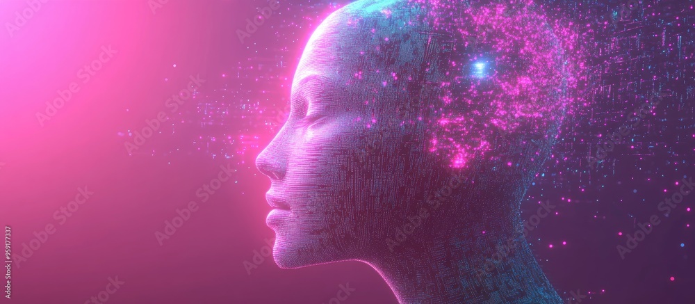 Poster pixel art design featuring a human head composed of particles representing concepts of artificial in