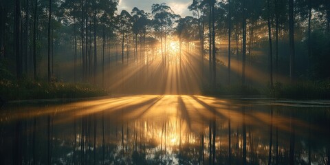 Golden Sunlight Rays Shining Through Trees Reflected in Calm Water