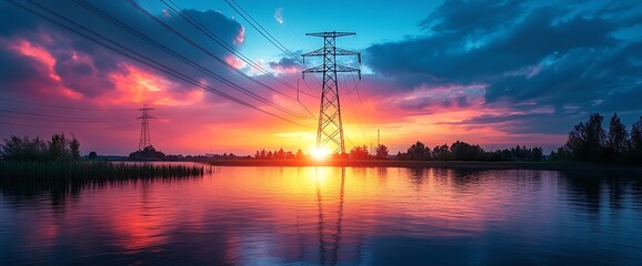 Tall transmission tower standing in the middle of a lake at sunset.