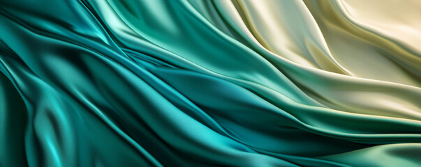 Obraz premium An abstract background showcasing 3D silk fabric with a gradient from deep emerald to light jade. The fabric waves add a sense of opulence and sophistication.