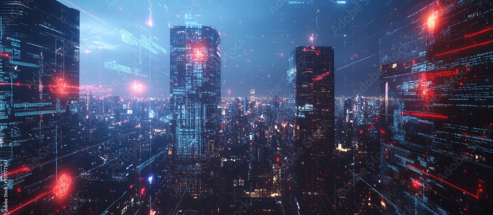Aufkleber multi exposure of an abstract coding sketch over a city skyline illustrating concepts of artificial 