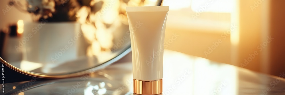 Poster a cream tube stands upright on a countertop, its reflection visible in the nearby mirror, illuminate