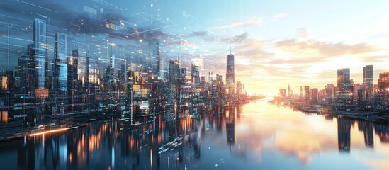 Fototapeta premium Skyline view across the river towards a cityscape in daylight featuring concepts of artificial intelligence holograms AI machine learning neural networks and robotics