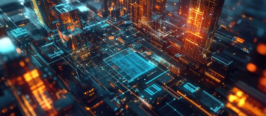 Double exposure of a technology themed illustration over a workspace Aerial perspective Concept of global data analysis