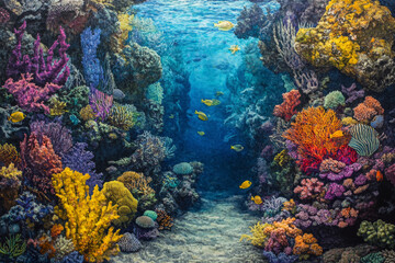 Obraz premium A vibrant ocean bottom scene showcasing a thriving coral reef with an abundance of marine life. The colorful corals and sponges create a rich tapestry of textures and colors, with fish swimming in and