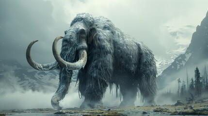 A large woolly mammoth stands in a snowy landscape with mountains in the background.