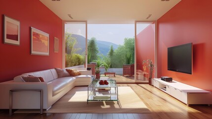 Modern Living Room with Red Walls and a View of the Mountains