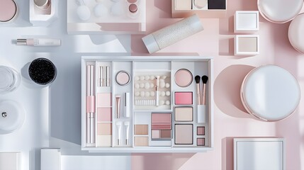 An overhead shot of a beautifully organized makeup vanity with various cosmetic products and a light solid color backdrop