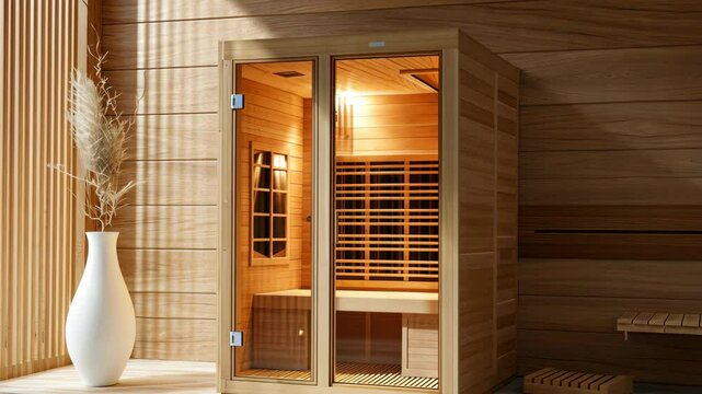 Experience the calming ambiance of a contemporary sauna featuring warm lighting and natural wood accents, perfect for ultimate relaxation and rejuvenation