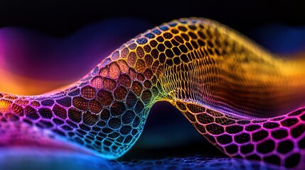   A close-up of a vibrant object with a hazy image of a curved object in the focal point