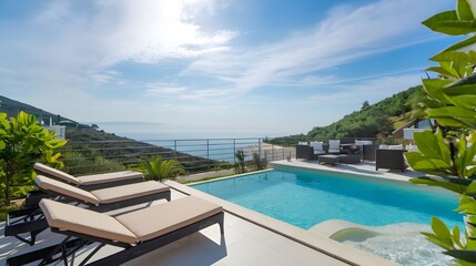 Obraz premium A terrace in a villa with sunbeds and a swimming pool with clear blue water. The terrace has a stunning sea view and a blue sky. The background contains mountains.