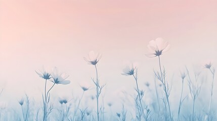 A serene landscape with a soft gradient of pastel colors, featuring delicate flowers in the foreground against a light solid color background